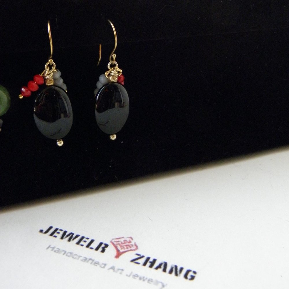 High polished black agate with  crystal handmade earring